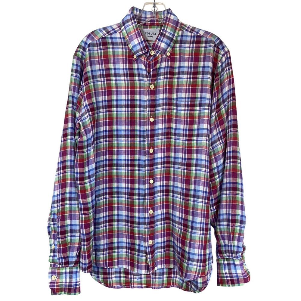 Ledbury Mens Linen Blend Classic Fit Blue Red Plaid Button Down Size M